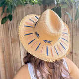 Hat Straw Braided Embroidery Striped Brim floppy  Sun Hat