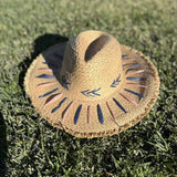 Hat Straw Braided Embroidery Striped Brim floppy  Sun Hat