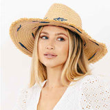 Hat Straw Braided Embroidery Striped Brim floppy  Sun Hat