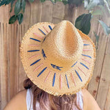 Hat Straw Braided Embroidery Striped Brim floppy  Sun Hat