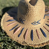 Hat Straw Braided Embroidery Striped Brim floppy  Sun Hat