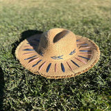 Hat Straw Braided Embroidery Striped Brim floppy  Sun Hat