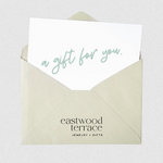 Gift card in an envelope with 'Eastwood Terrace' branding on a white background
